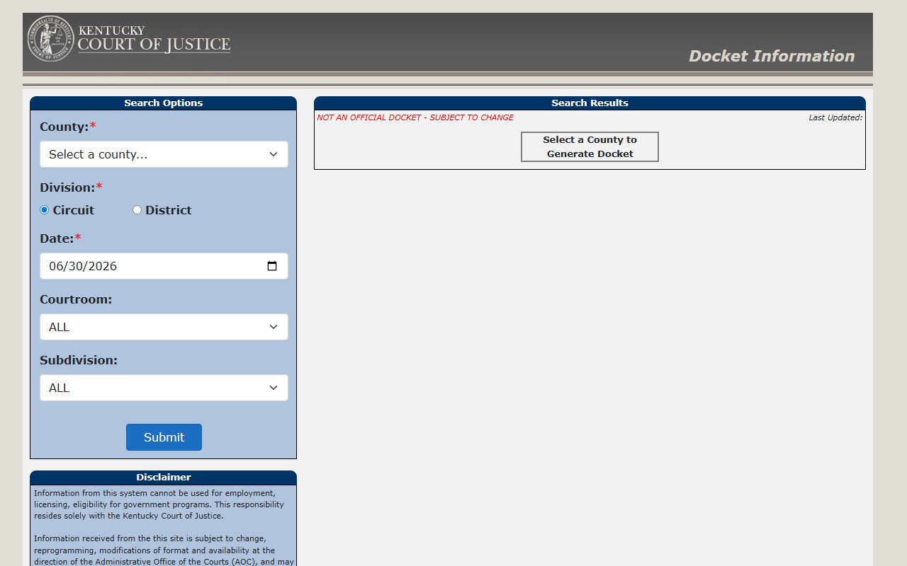 Perry County court dockets search form for Kentucky courts
